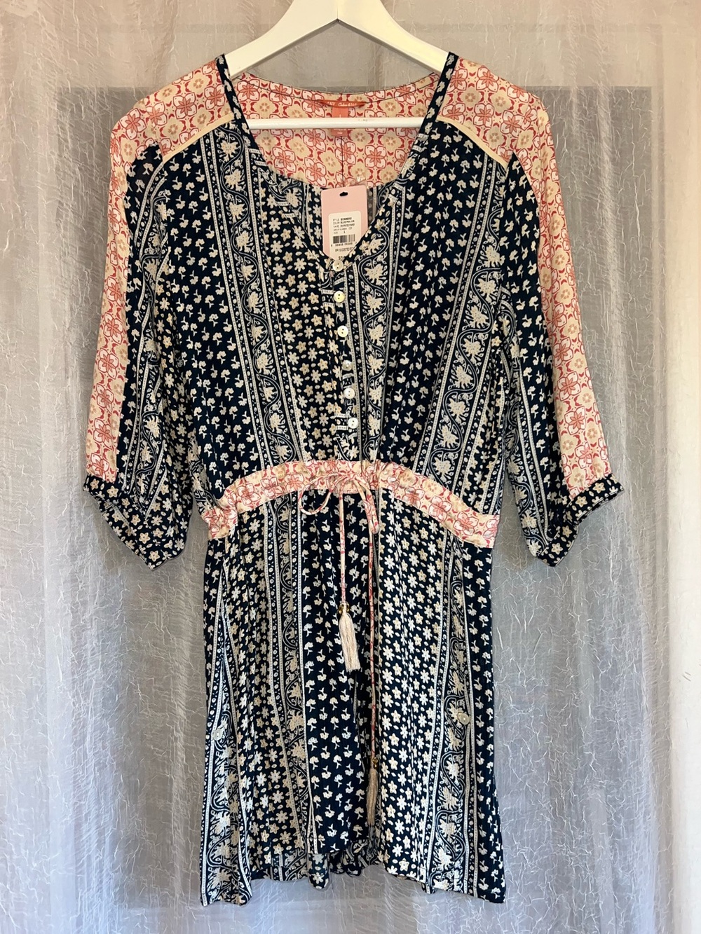💗Chelsea & Violet Patterned Romper in Blue/White/Pink • NWT
